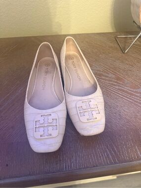 Tory Burch Ivory Croc-Embossed Logo Square-Toe Flats